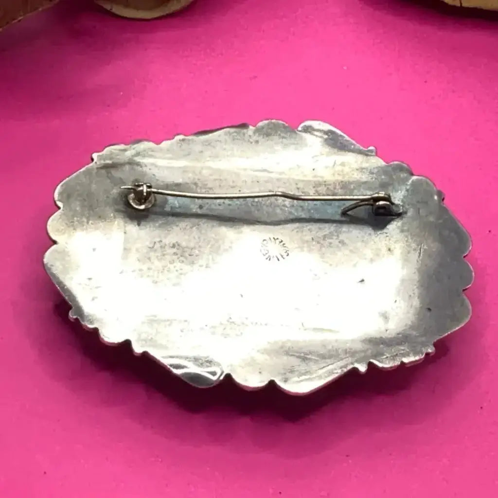 1940 Vintage Taxco Silver Pin with Carved Agate, Antique