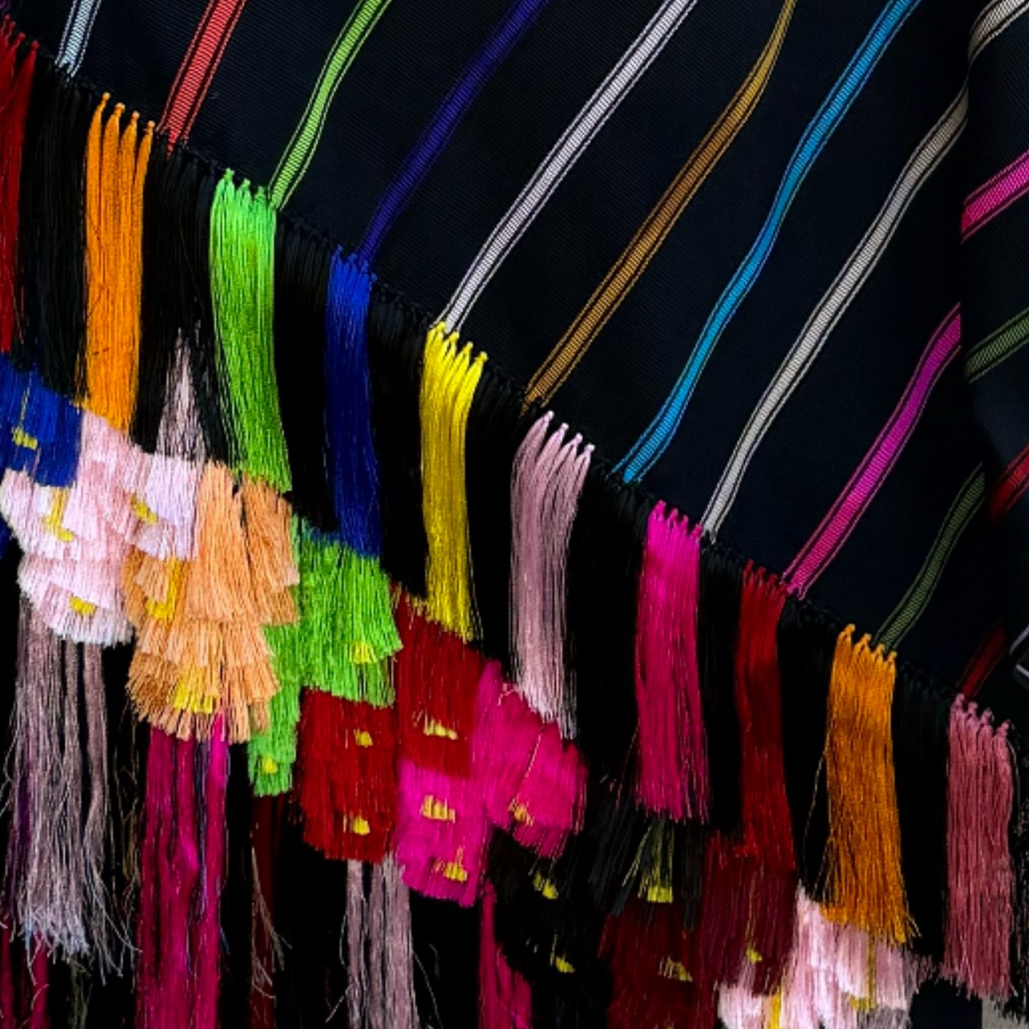 Full-length view of striped Purepecha cotton rebozo draped showing 76-inch length and fringe detail