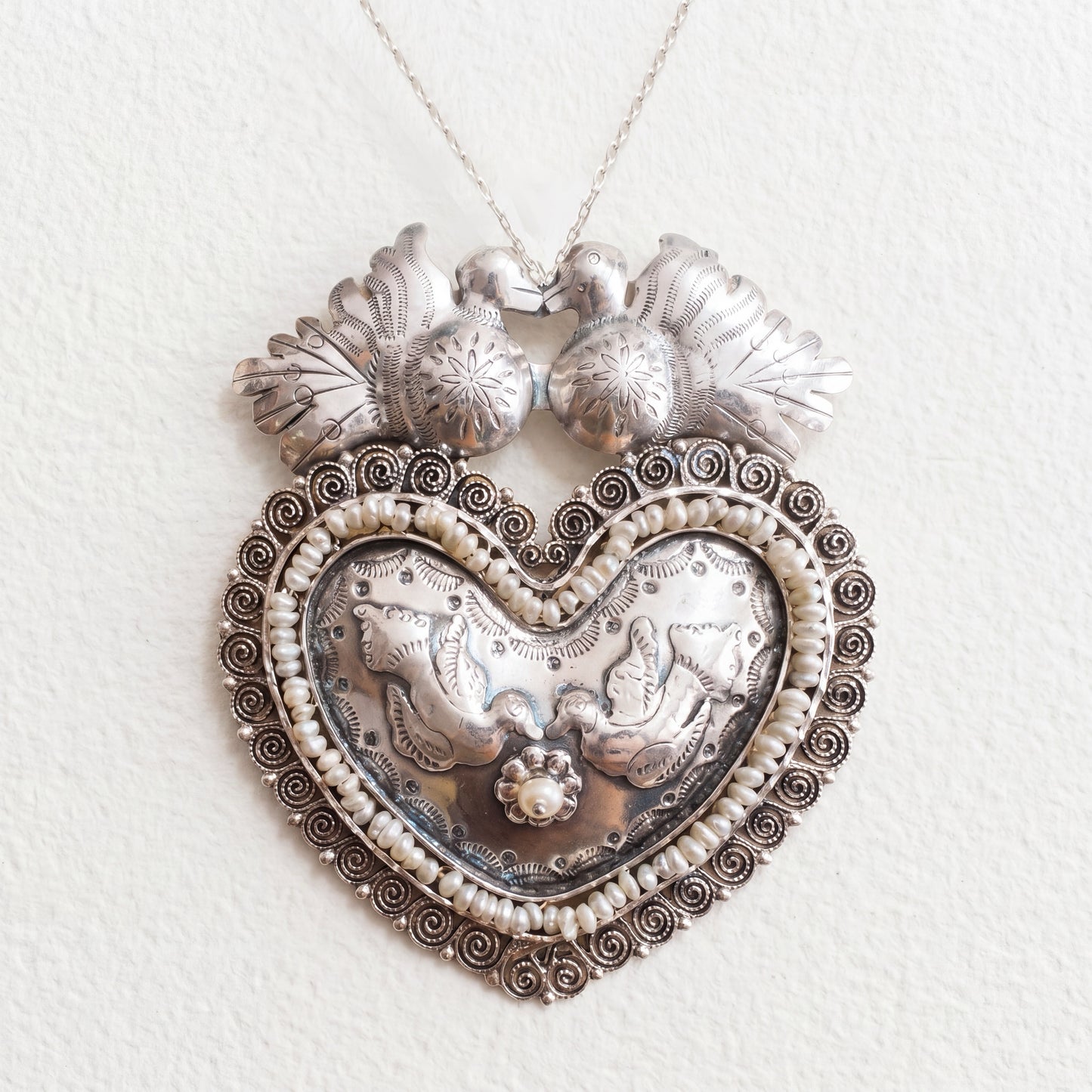 Oaxacan Silver filigree heart pendant with pearls-exquisite details