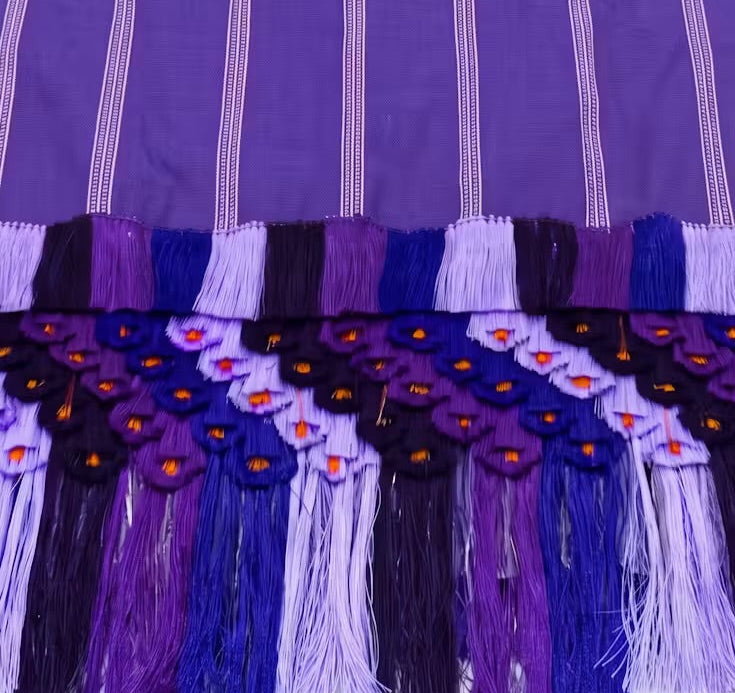 Purple stripe Purepecha rebozo with fringe or ‘flowers’