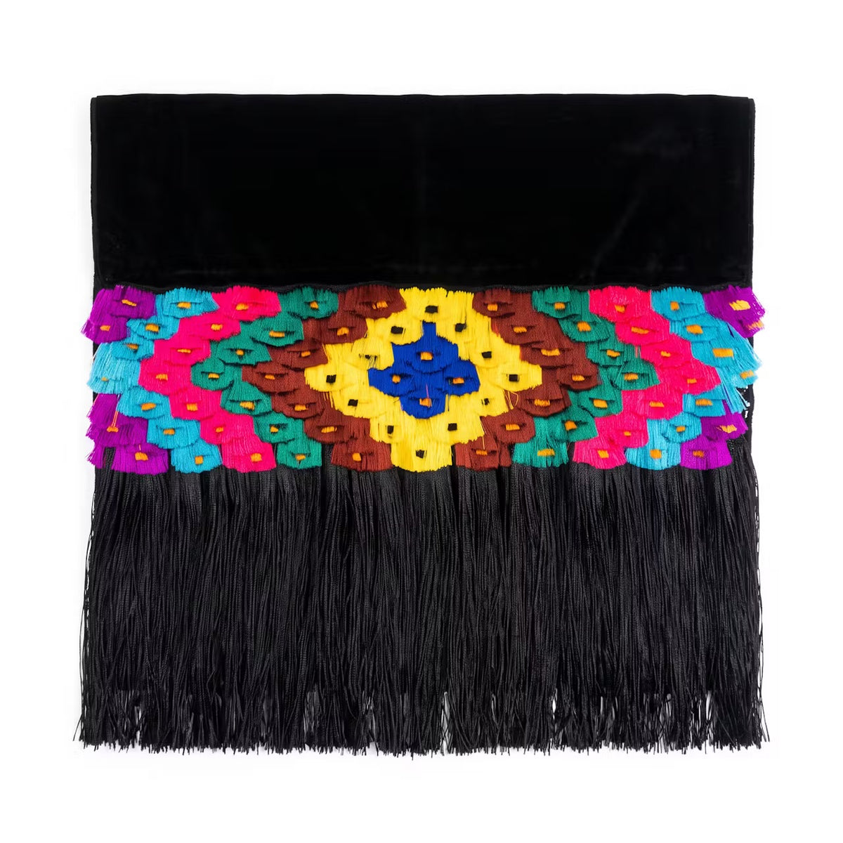 Black tonal stripe Purepecha rebozo with ornate fringe or ‘flowers’