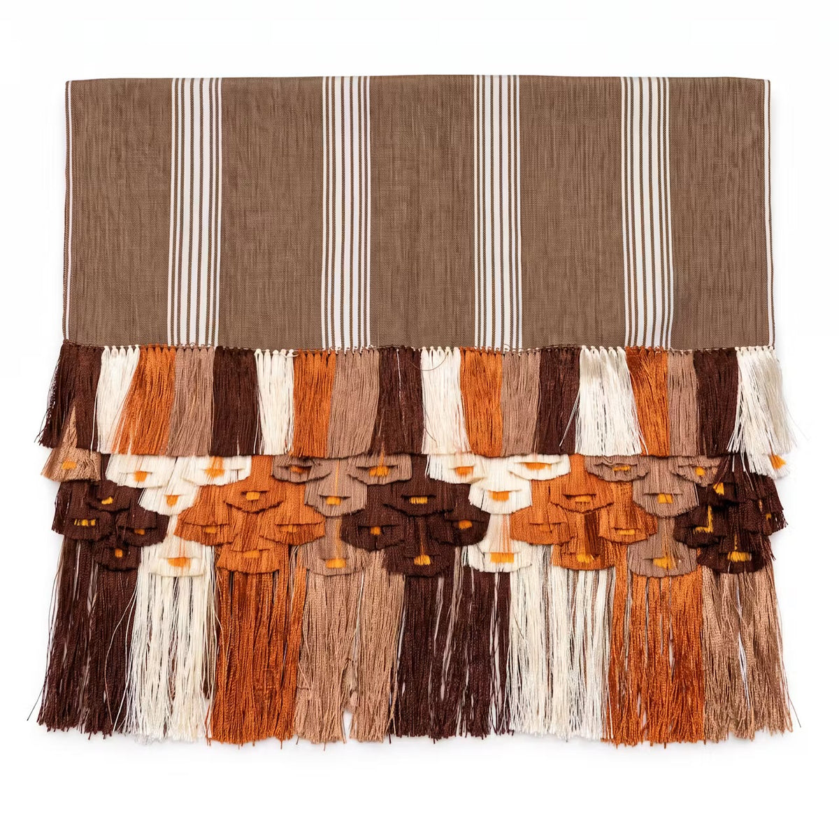 Brown beige stripe Purepecha Rebozo with flowers from Michoacán