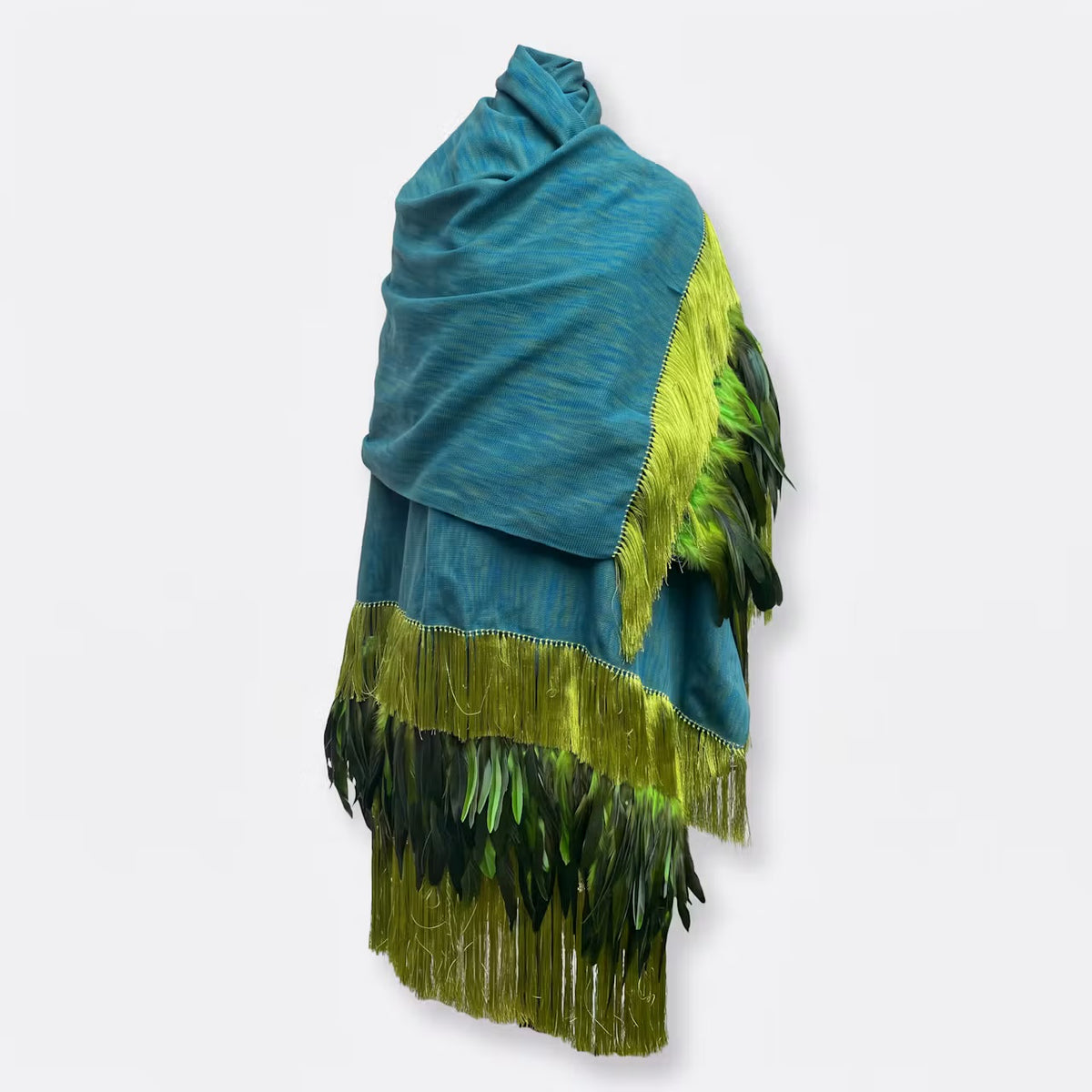 Black Purepecha Rebozo with fringe and feathers from Michoacán
