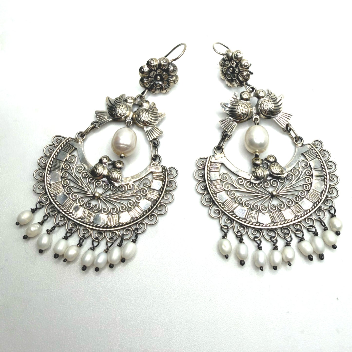 Mexican Mazahua silver dove earrings, handmade Mexican wedding earrings with pearls