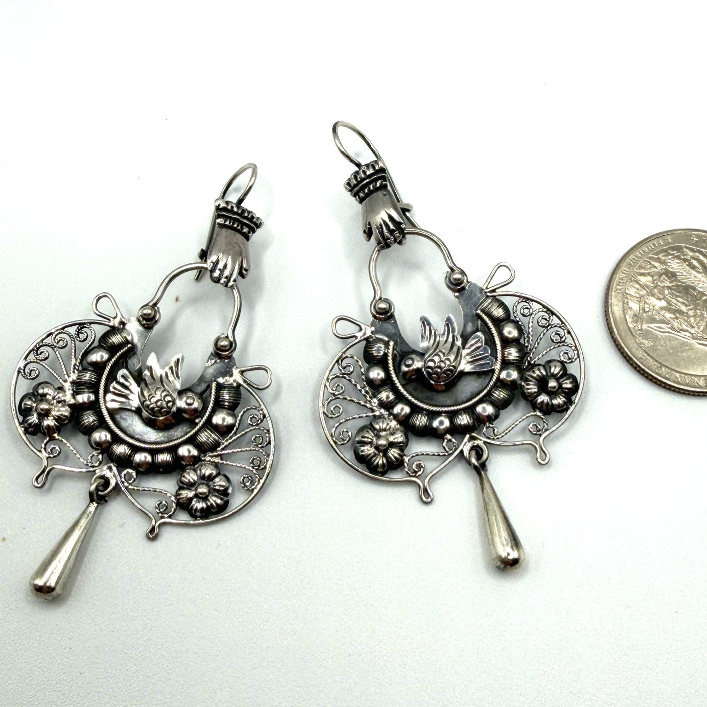 Mexican Mazahua silver dove earrings with hands, handmade, pure silver