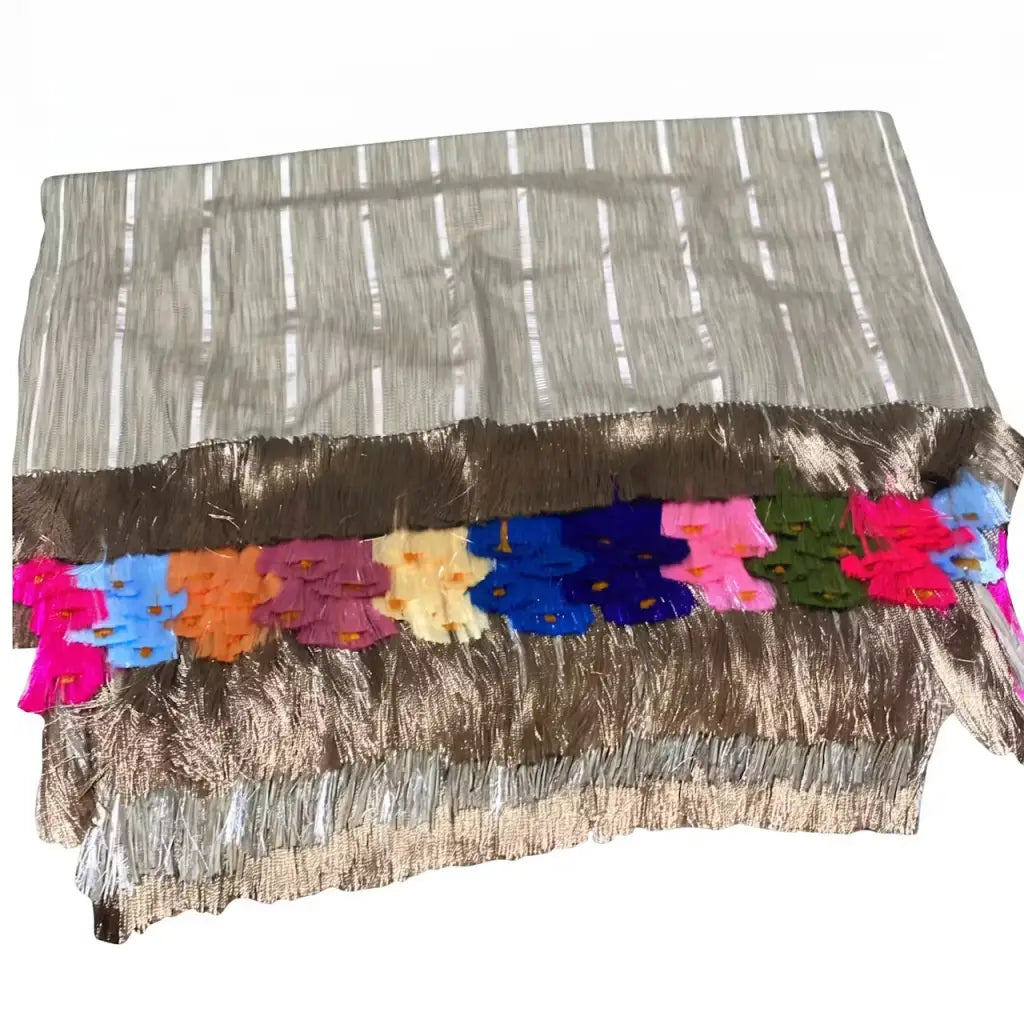 Beige stripe Purepecha Rebozo with flowers from Michoacán