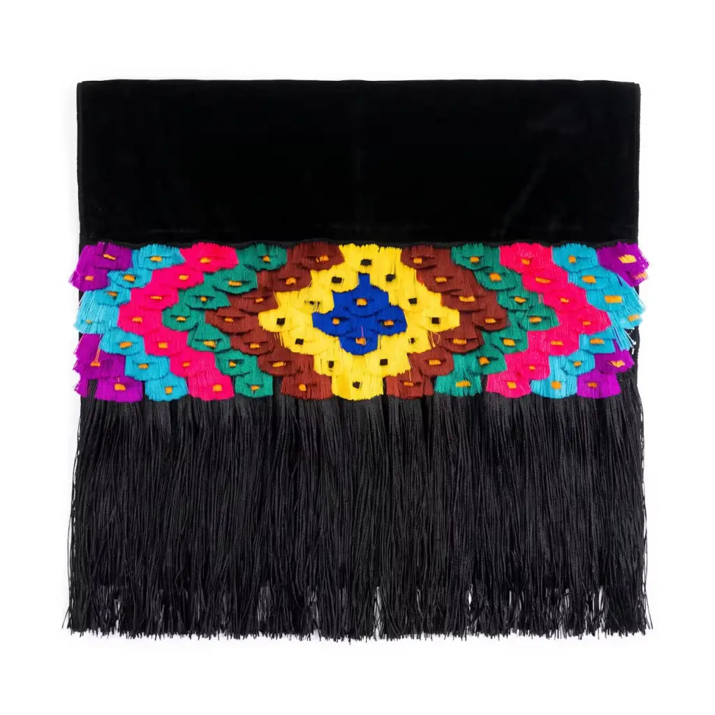 Black tonal stripe Purepecha rebozo with ornate fringe