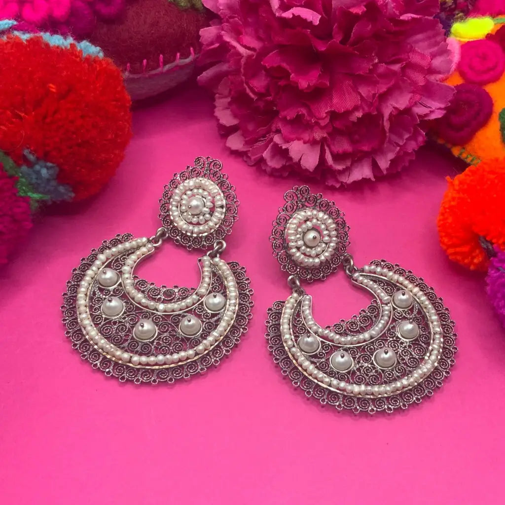 Oaxacan filigree statement earrings with pearls handmade