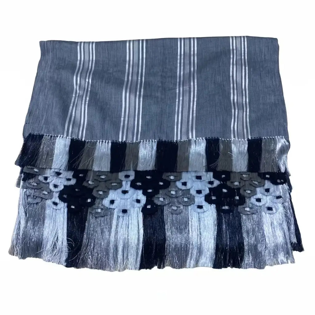 Gray black stripe Purepecha Rebozo with flowers