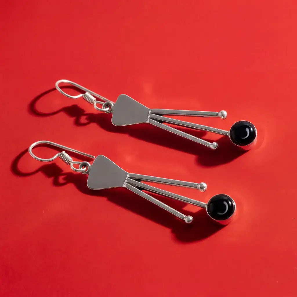 Taxco Sterling Silver Earrings with Black Stone,
