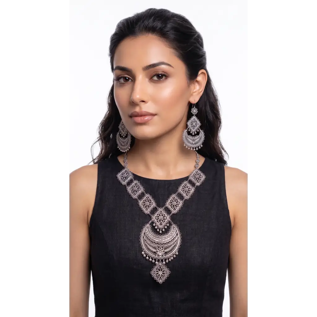 Handmade Mazahua Silver Necklace & Earrings Set