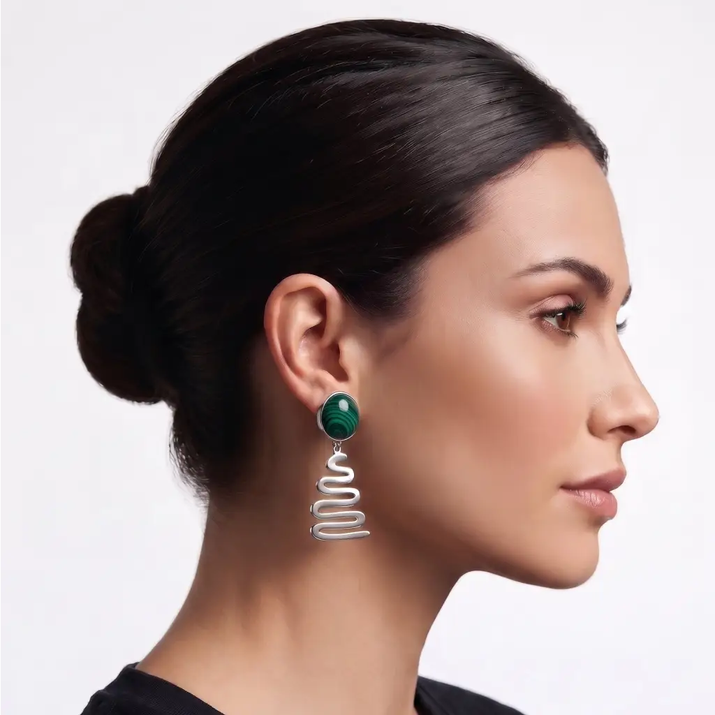 Handmade Taxco Sterling Silver Earrings with dark malachite