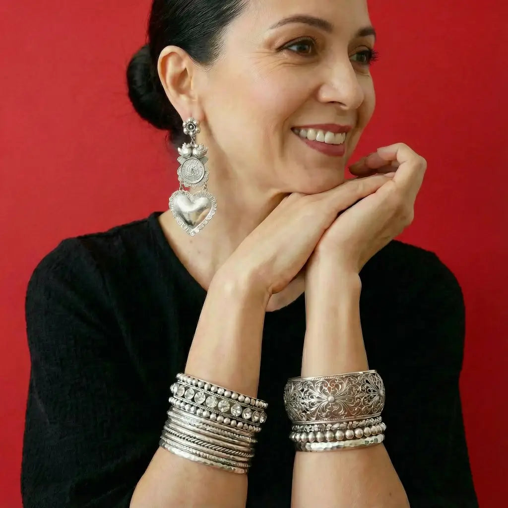 Mexican Mazahua silver dove earrings handmade coin