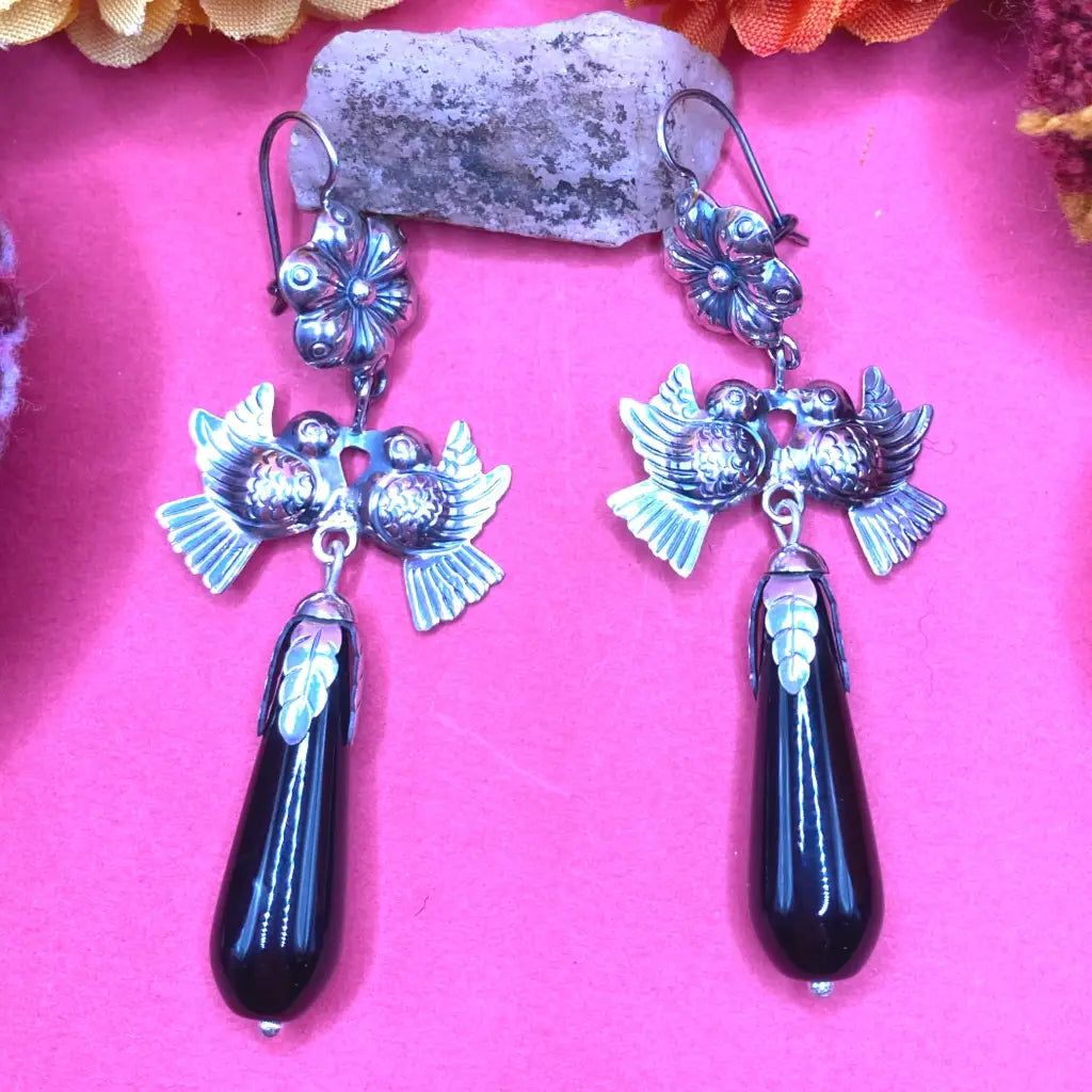 Mexican Mazahua silver earrings handmade with black agate