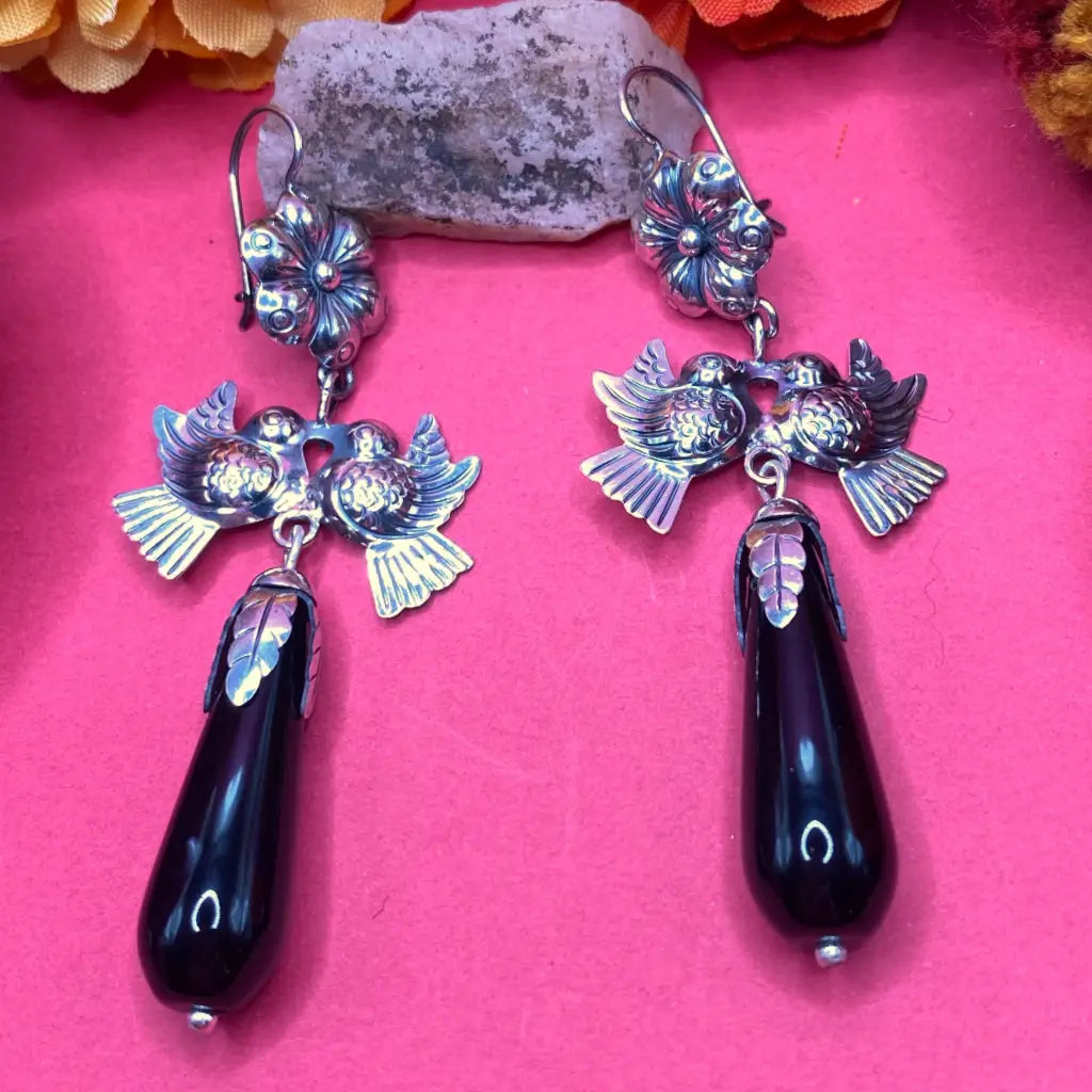 Mexican Mazahua silver earrings handmade with black agate