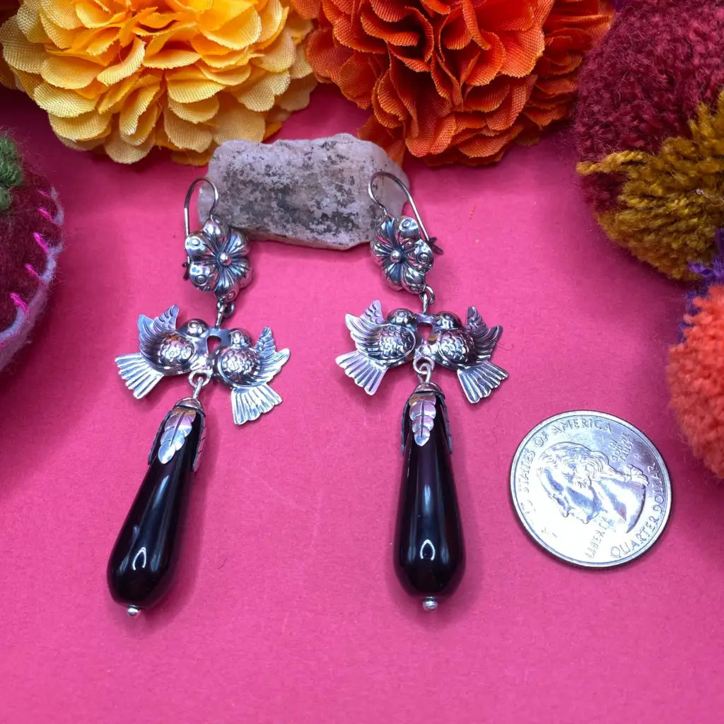 Mexican Mazahua silver earrings handmade with black agate