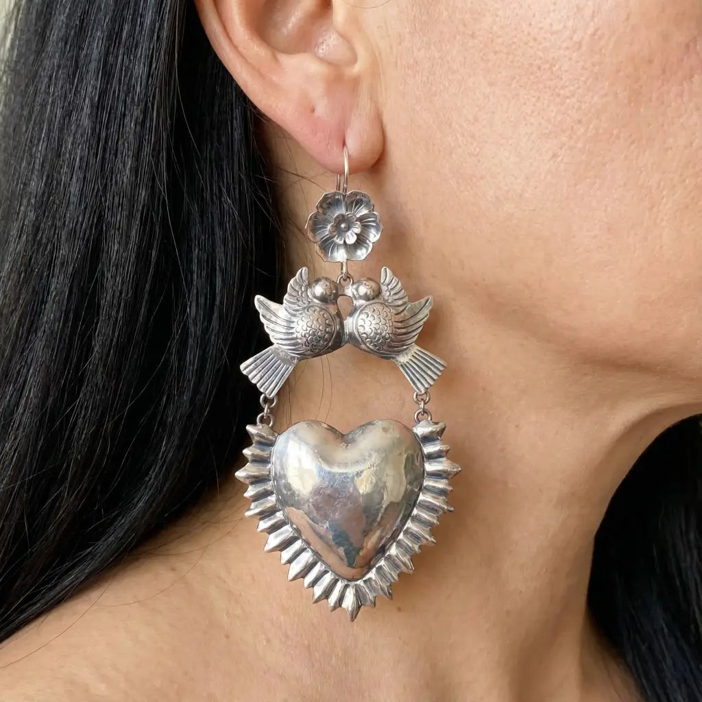 Mexican Mazahua silver heart earrings handmade Mexican silver