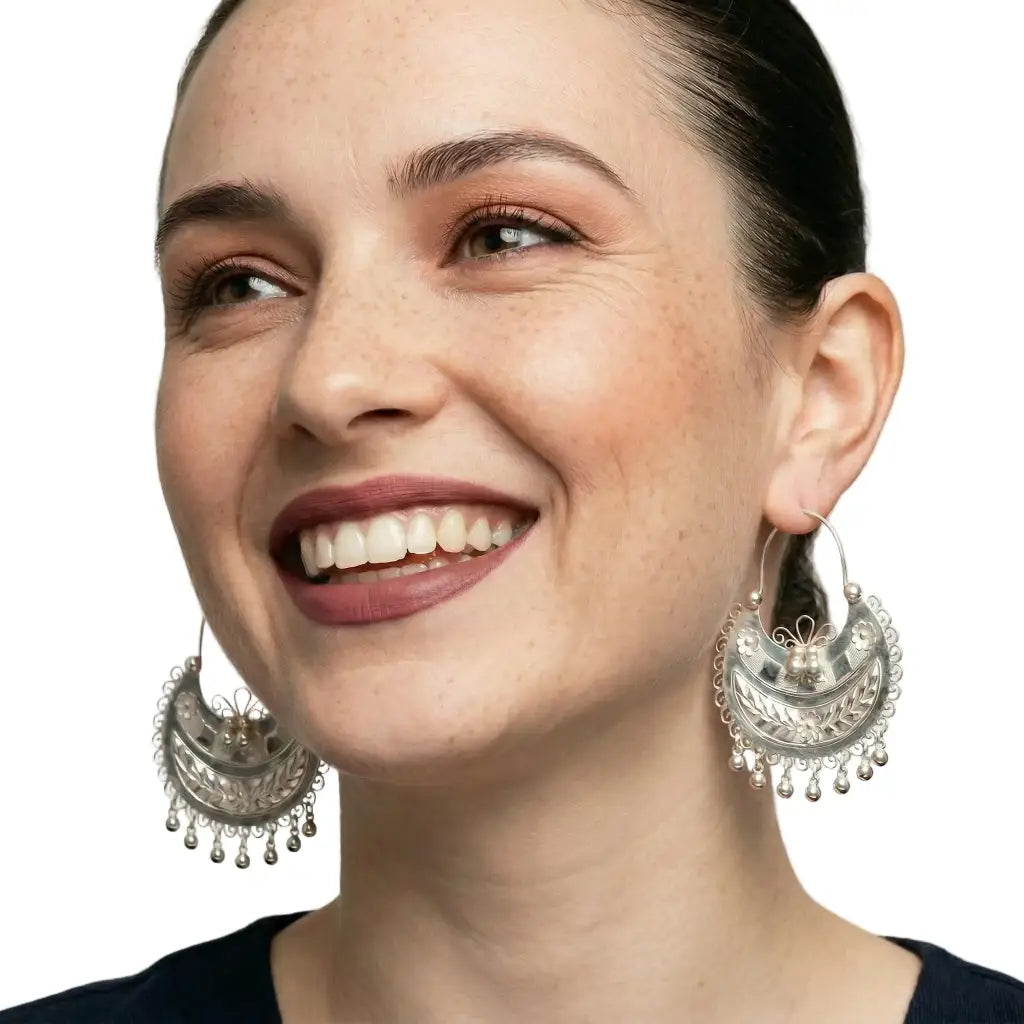 Vintage Mazahua silver hoop earrings with intricate hand-soldered filigree detail, 2.25 inches, from Indigenous Mexican artisan in State of Mexico