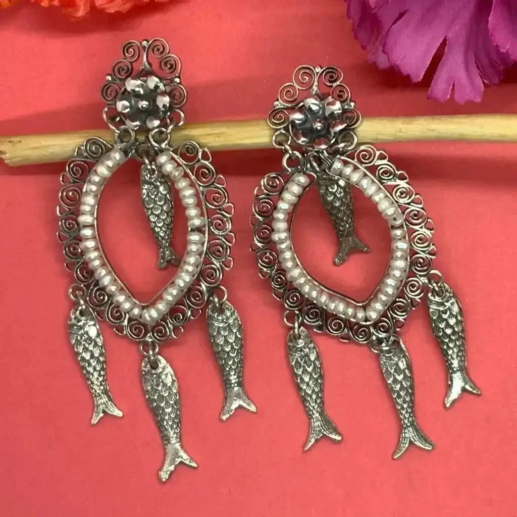 Mexican Oaxacan pearl silver filigree fish earrings Long dangles
