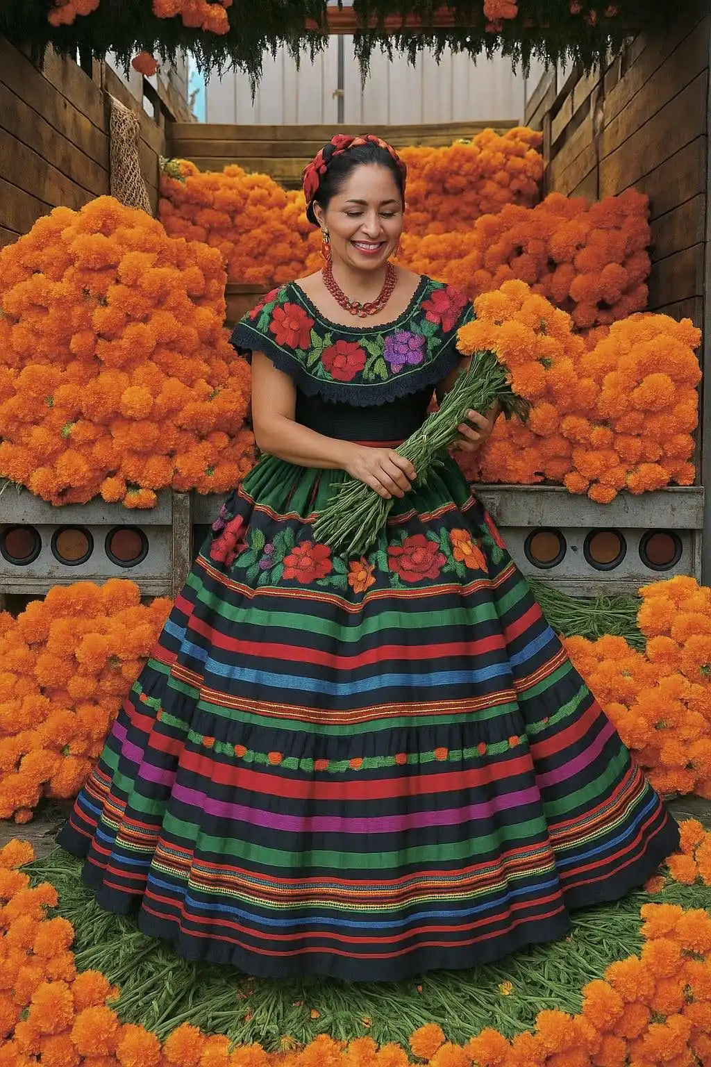 Multicolored striped skirt with floral embroidery and ruffled hem, likely made of cotton or linen.