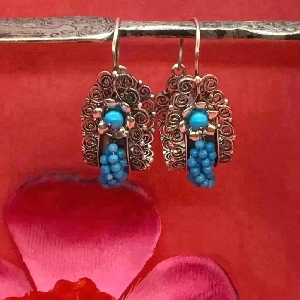 Oaxaca hoop filigree earrings with turquoise beads-Frida