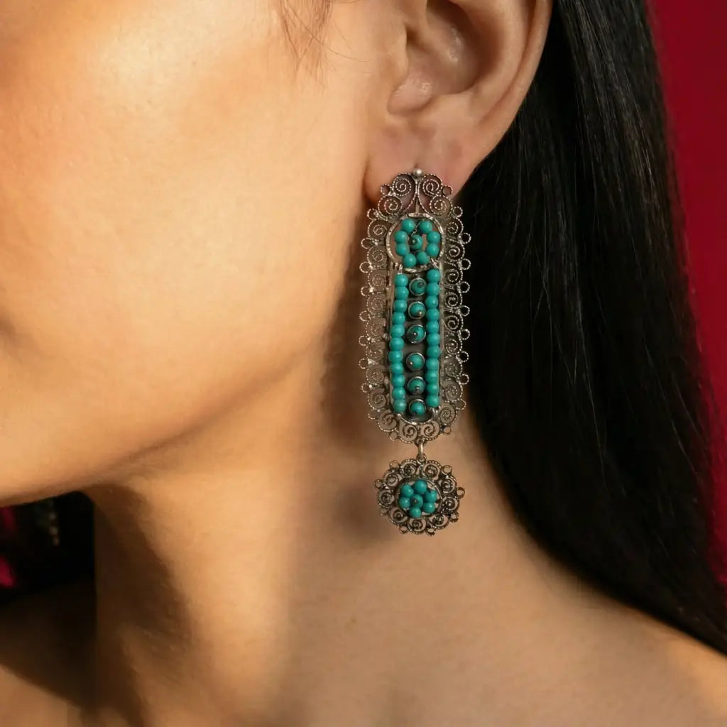 Oaxacan filigree turquoise earrings - necklace