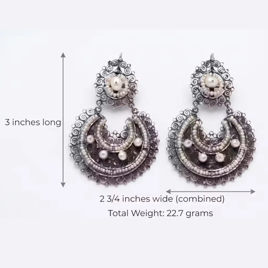 Ornate Oaxacan silver filigree earrings with pearls