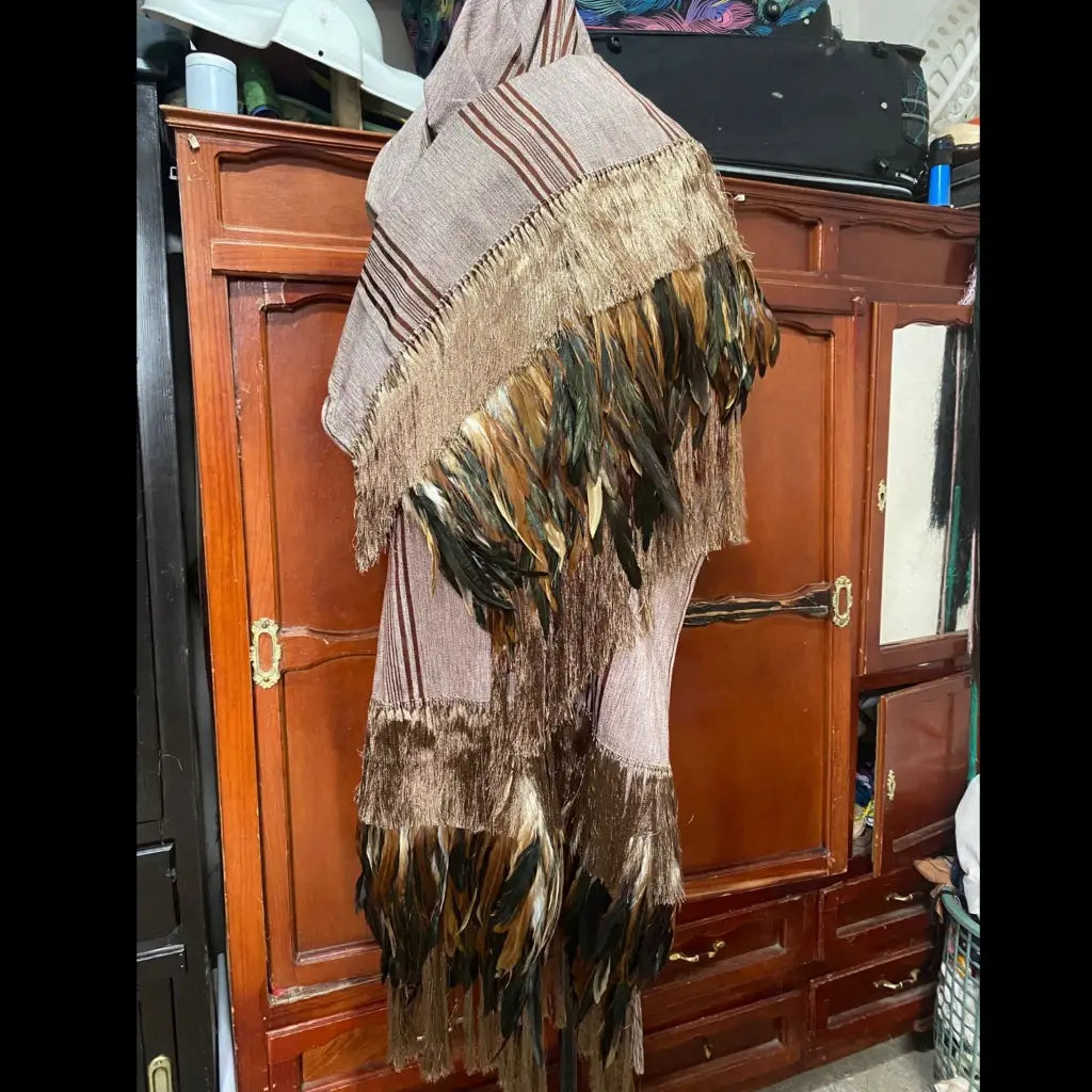 Purepecha rebozo with fringe and feathers - Shawl