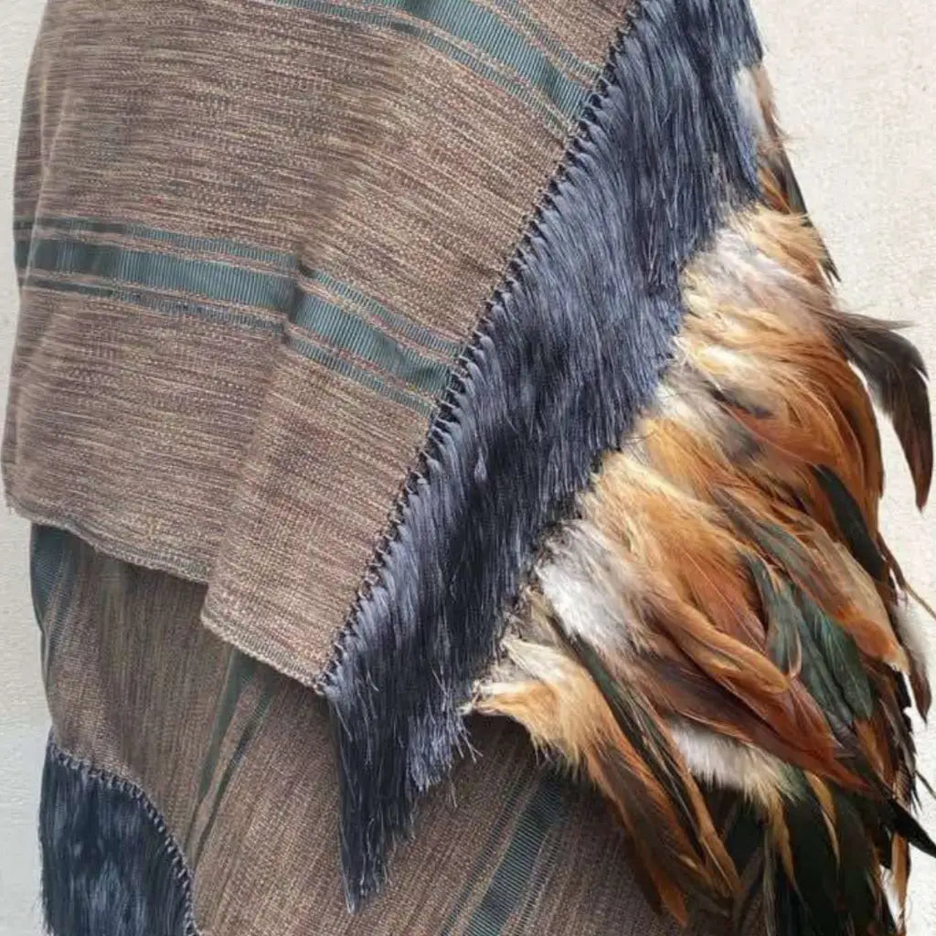 Purepecha rebozo with fringe and feathers - Shawl