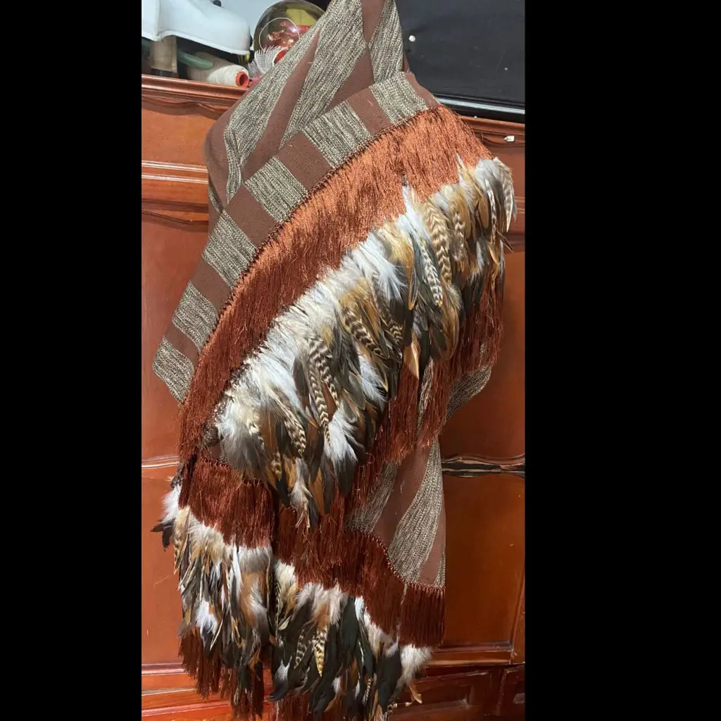 Purepecha rebozo with fringe and feathers - Shawl