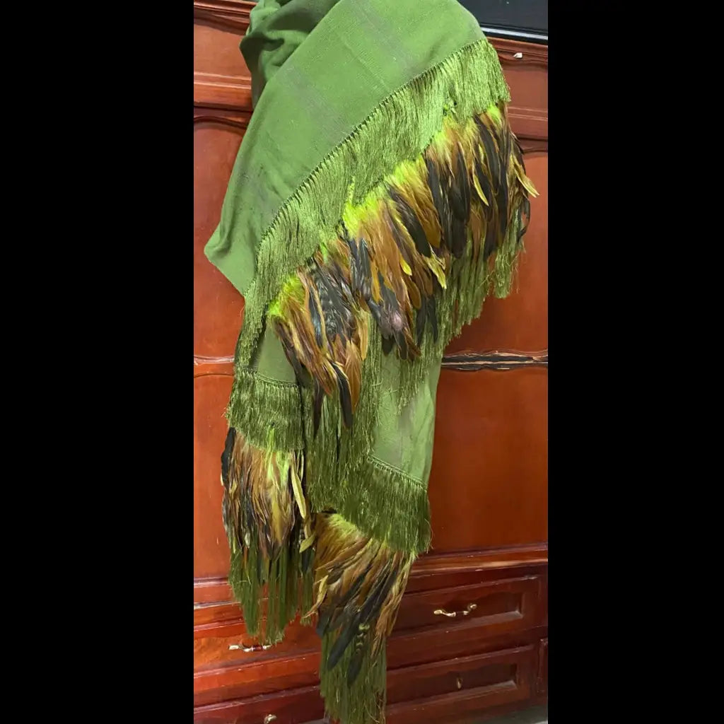 Purepecha rebozo with fringe and feathers - Shawl