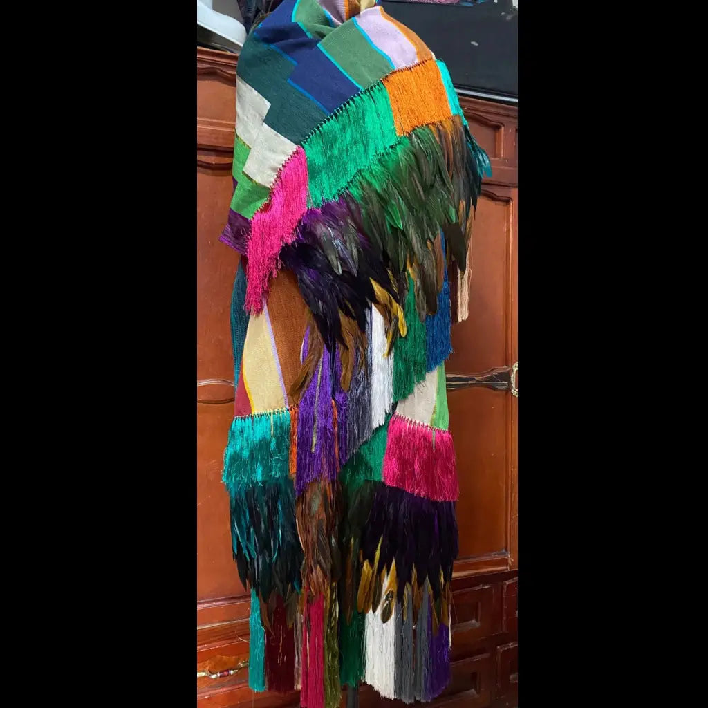 Purepecha rebozo with fringe and feathers - Shawl