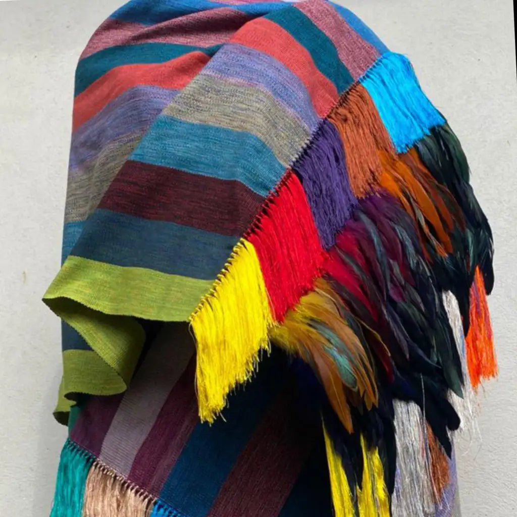 Multi color Purepecha rebozo with fringe and feathers