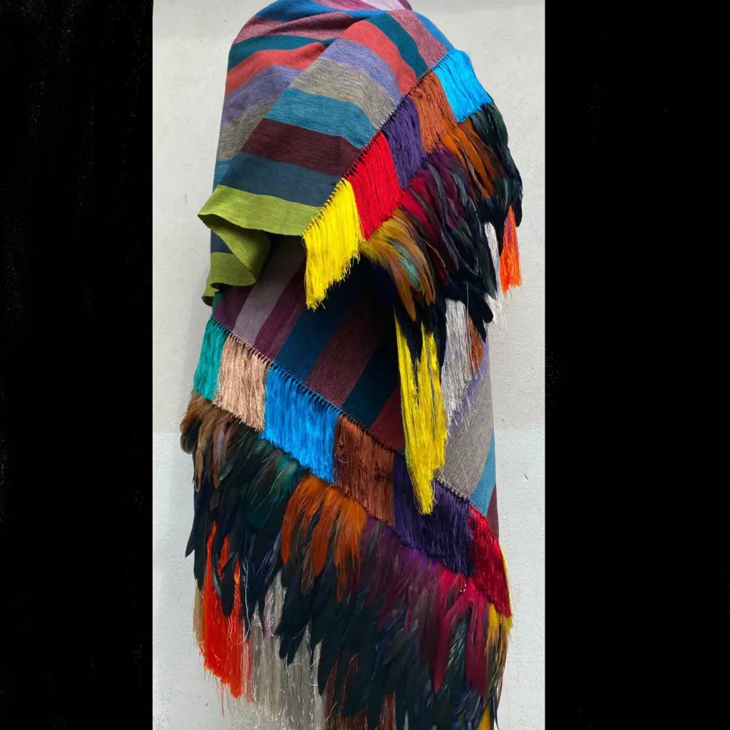 Purepecha rebozo with fringe and feathers - Shawl