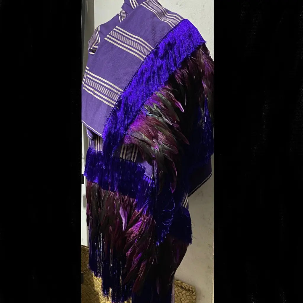 Purepecha rebozo with fringe and feathers - Shawl