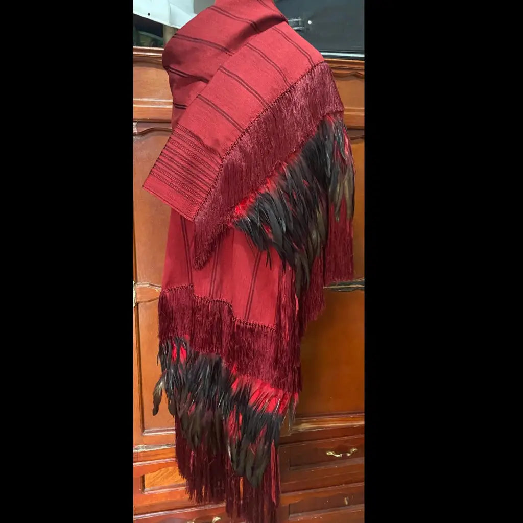 Purepecha rebozo with fringe and feathers - Shawl