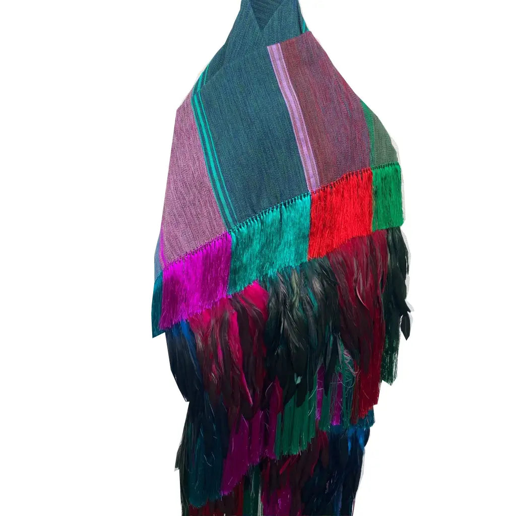 Purepecha rebozo with fringe and feathers - Shawl