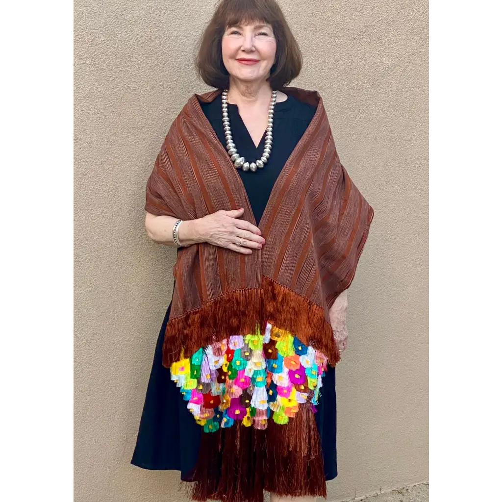 Purepecha rebozo with pattern fringe or ‘flowers’ - Shawl