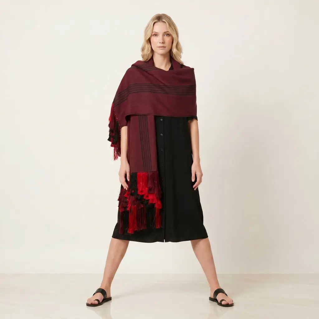 Purepecha Rebozo Shawl, Red and Black Handwoven Cotton