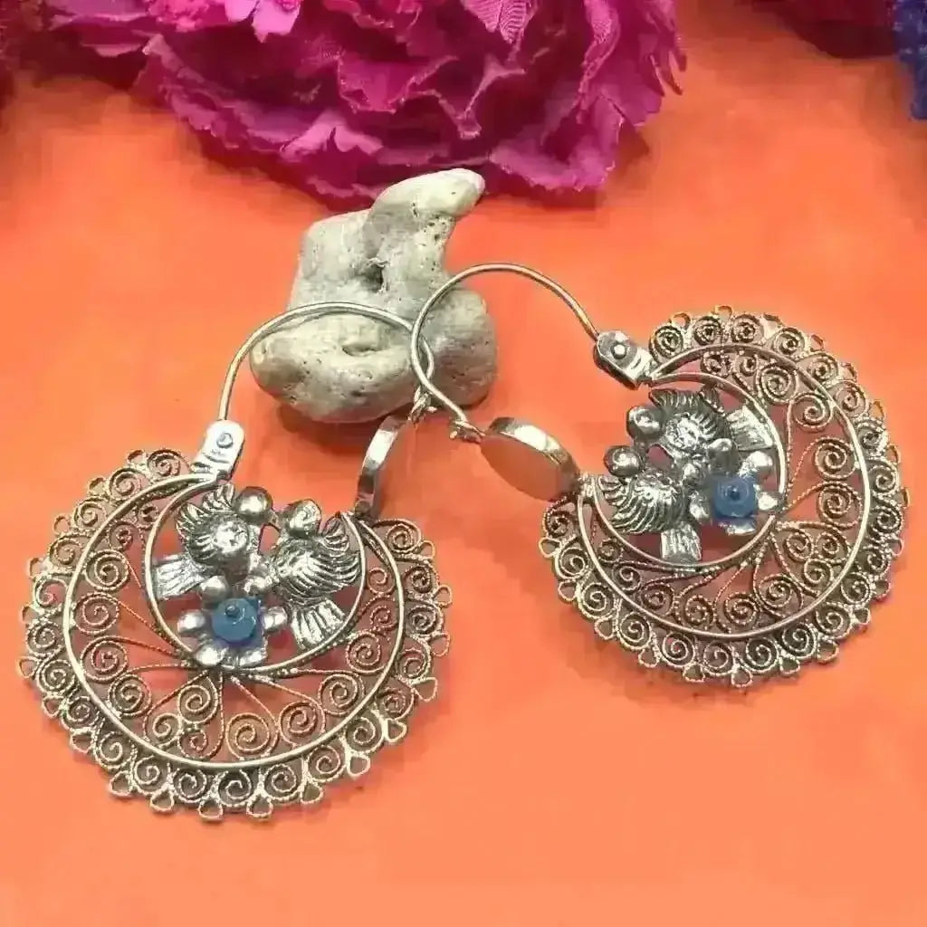 Silver Arracadas Earrings with doves flowers and lapis