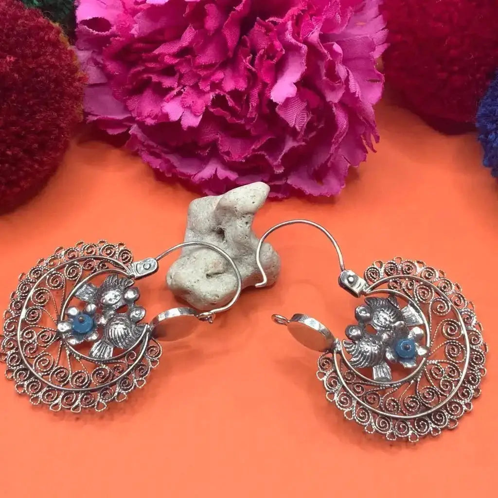 Silver Arracadas Earrings with doves flowers and lapis