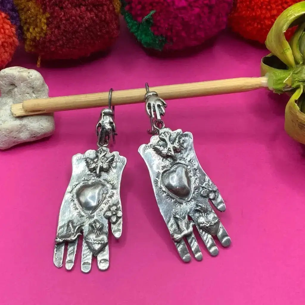 Silver filigree Mexican Hand earrings with heart handmade from