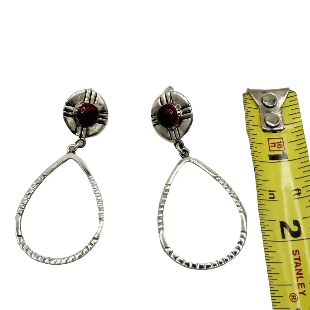 Taxco Silver Earrings - Pure Oval Hoop with Blood Red Stone