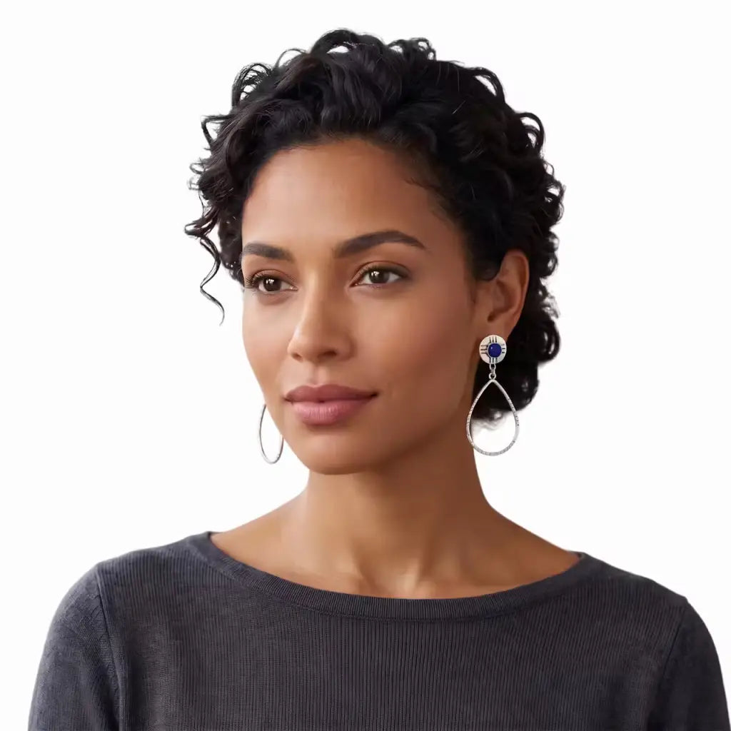 Taxco Silver Earrings - Pure Oval Hoop with blue stone