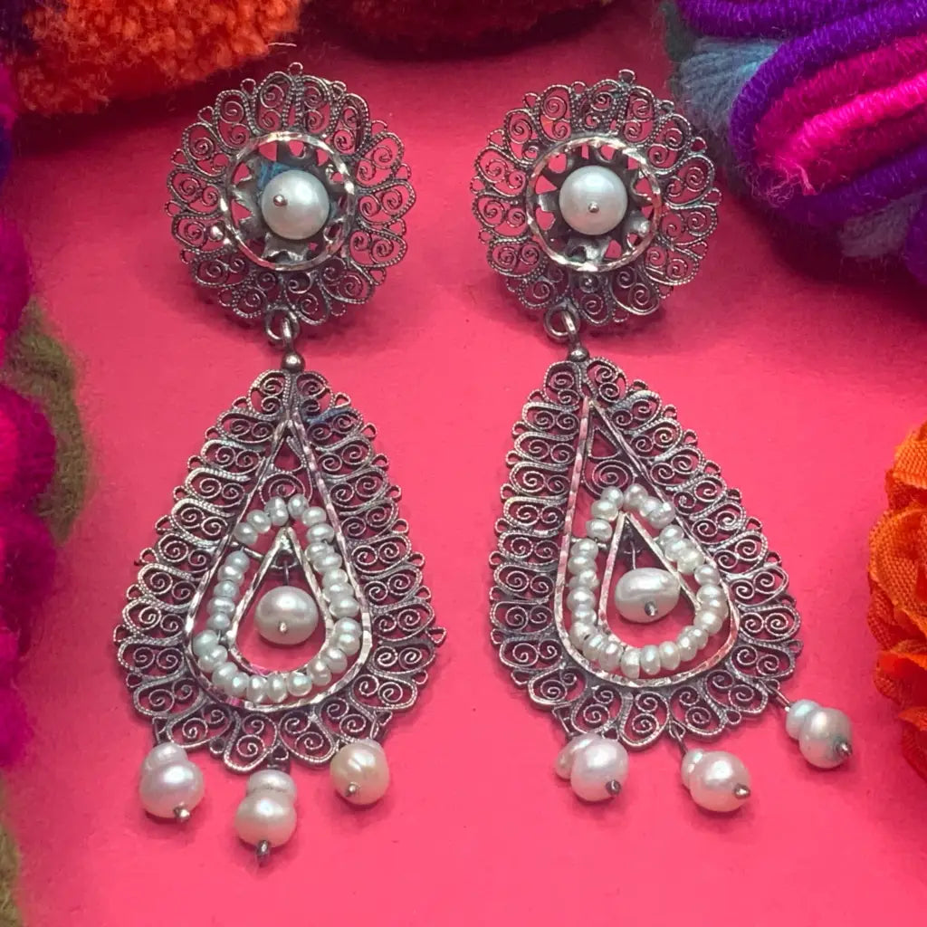 Traditional Oaxacan earrings with pearls Oaxaca sterling