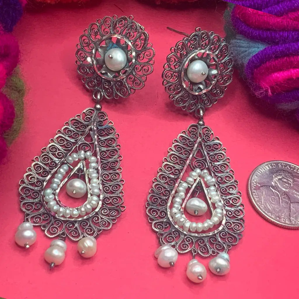 Traditional Oaxacan earrings with pearls Oaxaca sterling