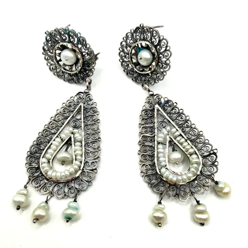 Traditional Oaxacan earrings with pearls Oaxaca sterling