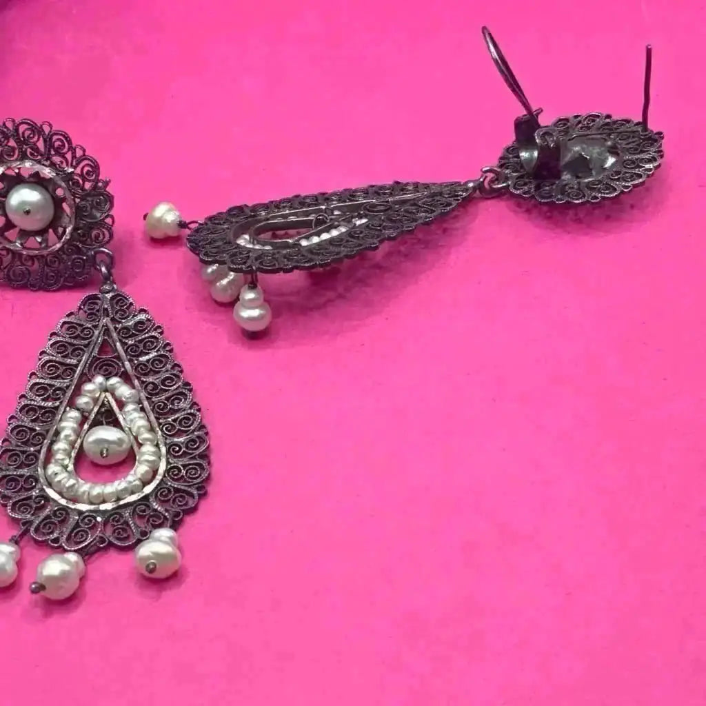 Traditional Oaxacan earrings with pearls Oaxaca sterling