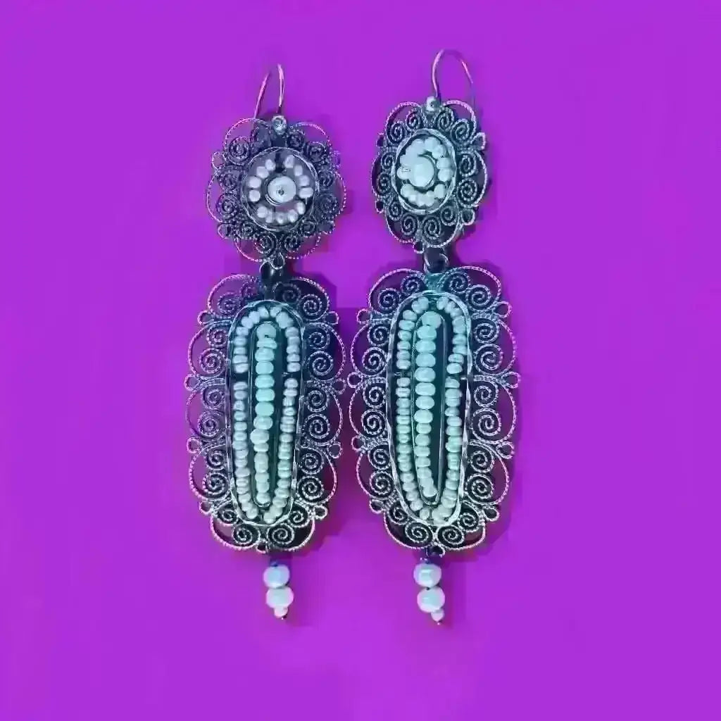 Vintage Oaxacan filigree pearl earrings - necklace