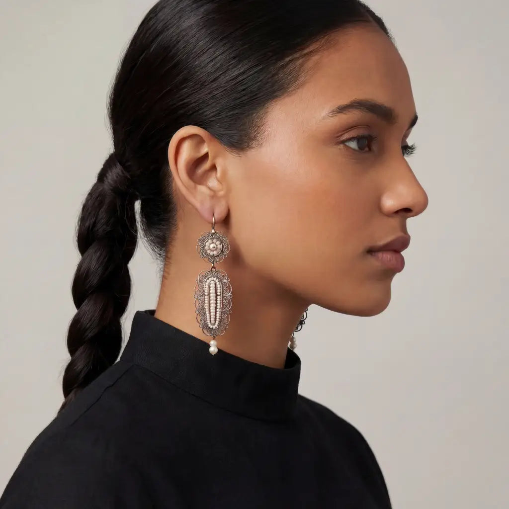 Vintage Oaxacan filigree pearl earrings - necklace